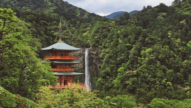 The majestic Japanese pagoda next to the Nachi waterfall along the Kumano Kodo, a sacred landscape on the Kii Peninsula.