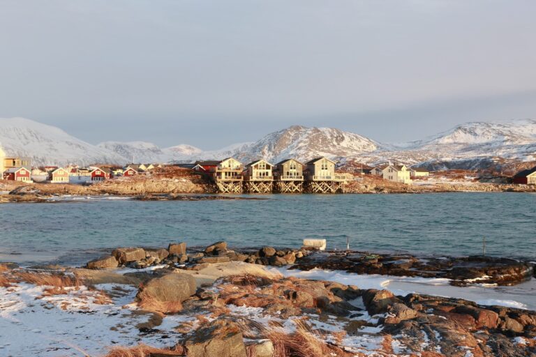 Vista panorámica de la colorida villa pesquera de Sommarøy bajo la luz del Ártico en Noruega.